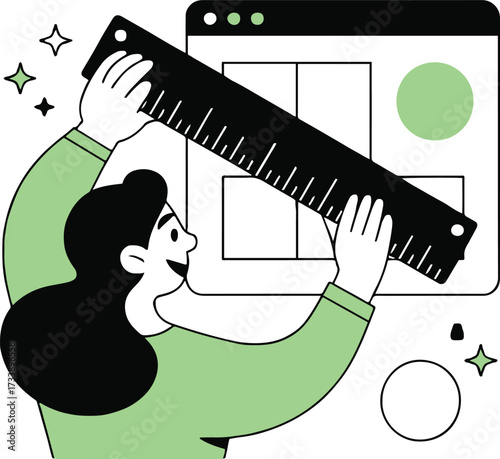 Vector art of a designer with black hair is measuring a website layout with a ruler, ensuring precise alignment and spacing