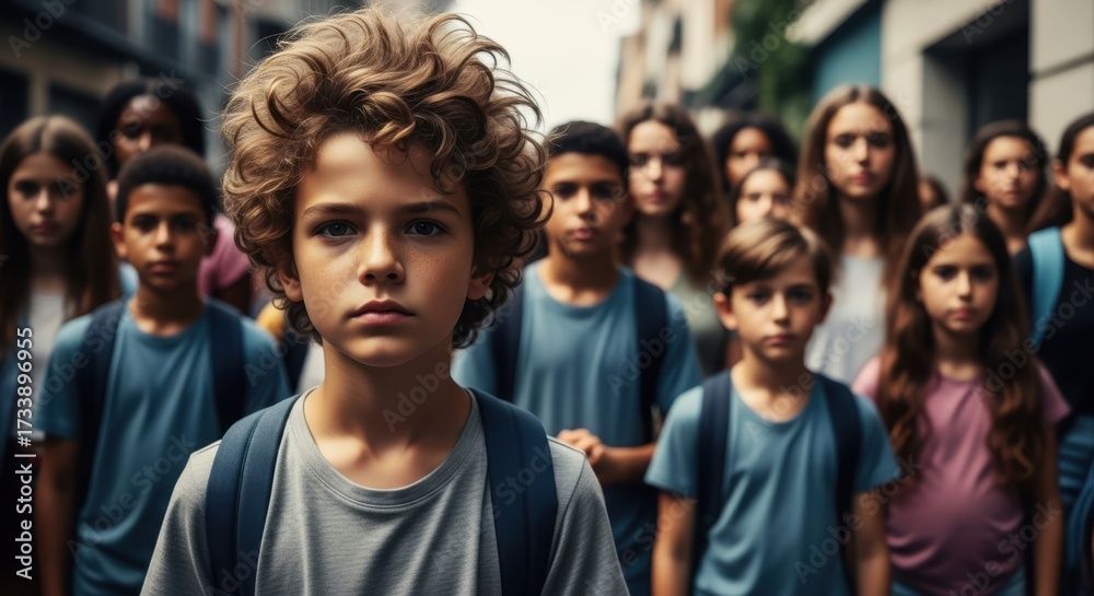 Fototapeta premium A group of diverse children walking together in a city street