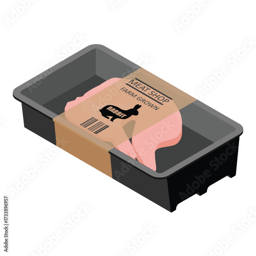 Package with fresh raw rabbit or hare meat, isolated on white background