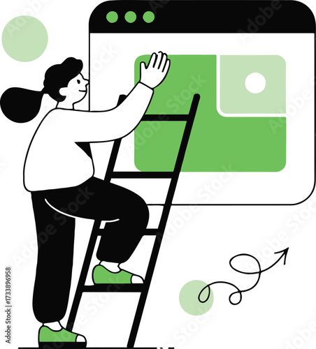 Vector art of a woman is climbing a ladder to reach a website interface, symbolizing web development and online progress