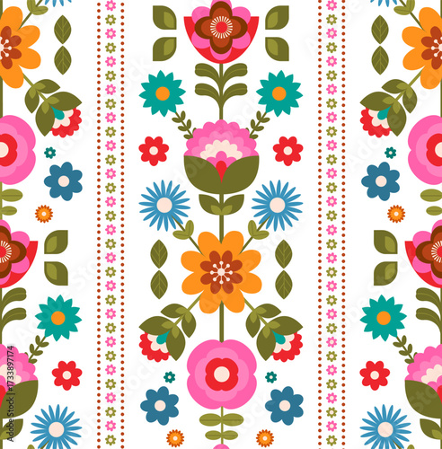 floral geometric stripes in pink yellow orange aqua blue green chartreuse colors seamless pattern, vector illustration repeat design print