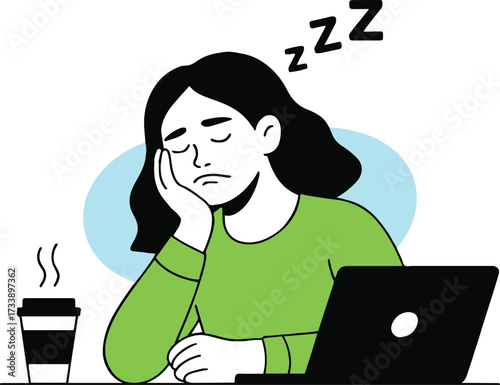 Vector art of a tired woman is sleeping at her desk with a laptop and a cup of coffee, she is exhausted from working too much