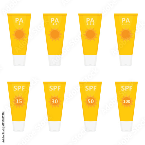 Various SPF level set. Sun cream sunscreen lotion, yellow bottle tube package design collection