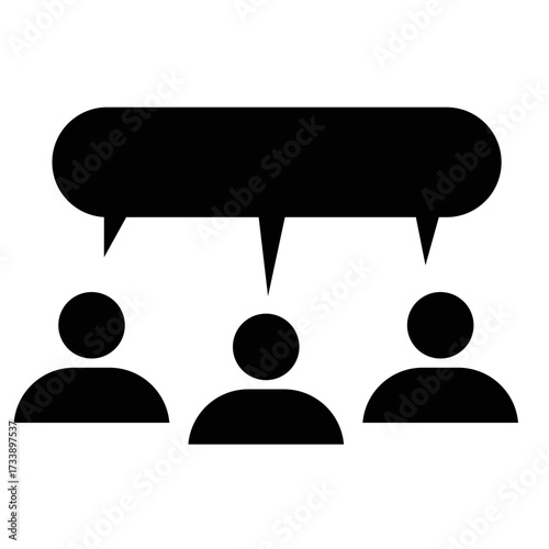 Three human figures with a shared speech bubble, representing communication and discussion.
