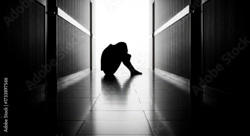 Silhouette of a person curled up in a dark hallway