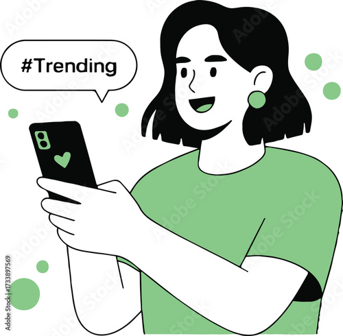Vector art of a woman is using her smartphone to check trending topics on social media, she is happy and smiling