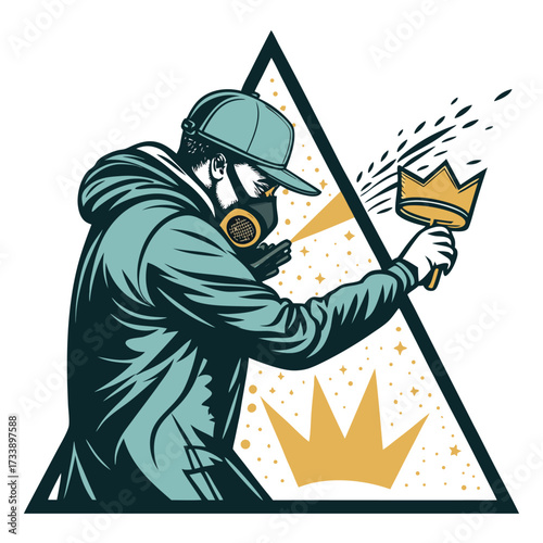 Graffiti artist wearing a mask spray paints a crown inside a triangle.
