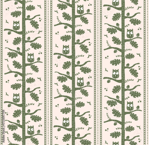  woodland forest tree branches and cute cartoon owls seamless pattern, hand drawn vector illustration repeat design print in beige and sage green
