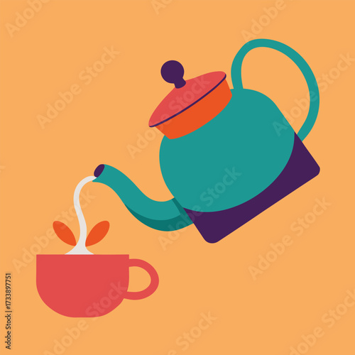 Teapot pouring liquid into a cup with leaves and foam