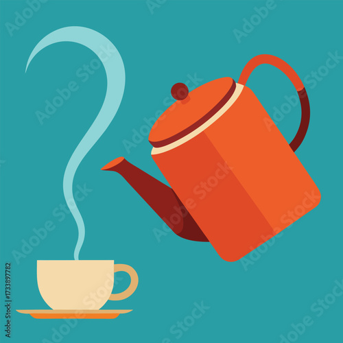 Retro style orange teapot pouring hot steaming beverage into a cup