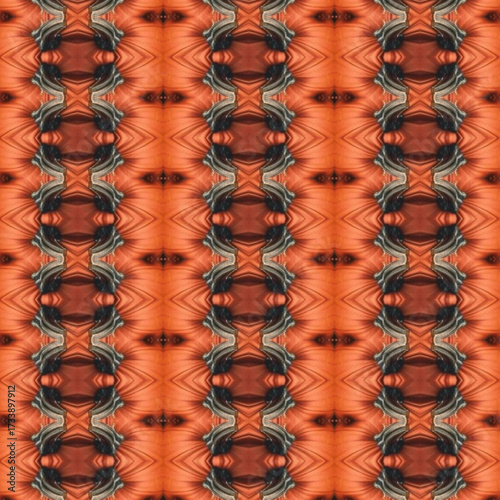 Symmetrical kaleidoscope art in bold orange tones, geometric abstract design with golden, symmetry, pattern, abstract, texture.