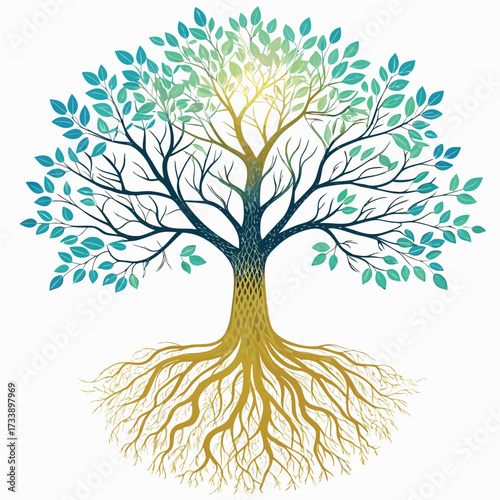 Stylized tree with blue green leaves and golden roots.