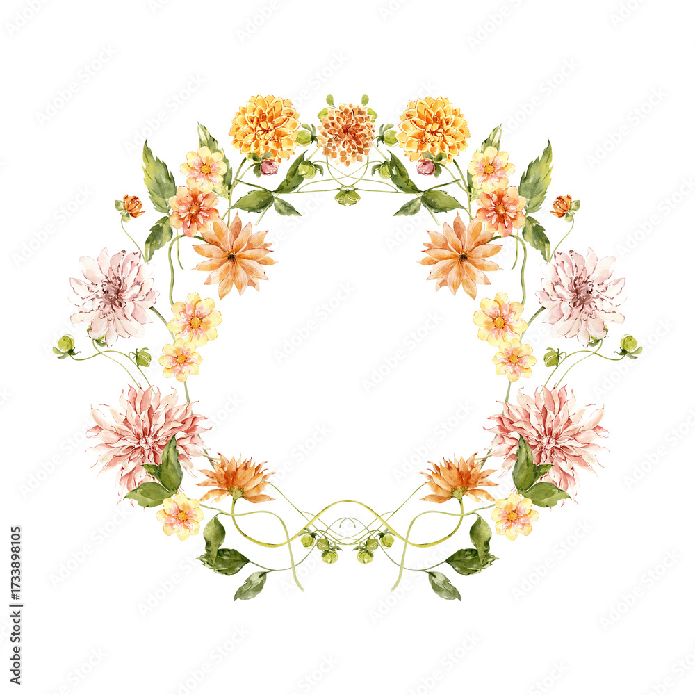 Obraz premium Beautiful Watercolor Floral Wreath Illustration, Hand Painted Botanical Frame with Dahlias and Wildflowers for Wedding Invitation and Logo Design