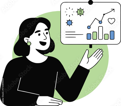 Vector art of enthusiastic woman presenting business data on a whiteboard demonstrating positive trends and growth with charts and symbols