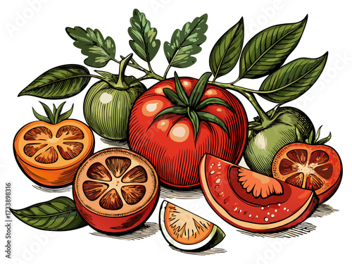 Vintage Hand Drawn Tomato Collection with Whole, Slice, Branch and Ketchup Bowl Illustration Isolated.