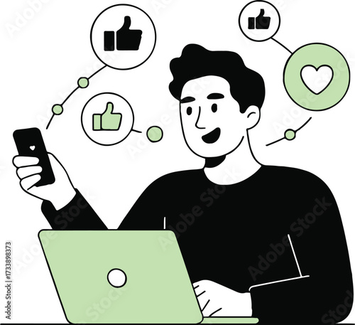 Vector art of happy man using social media on phone and laptop engaging with likes, hearts, and positive feedback in online network