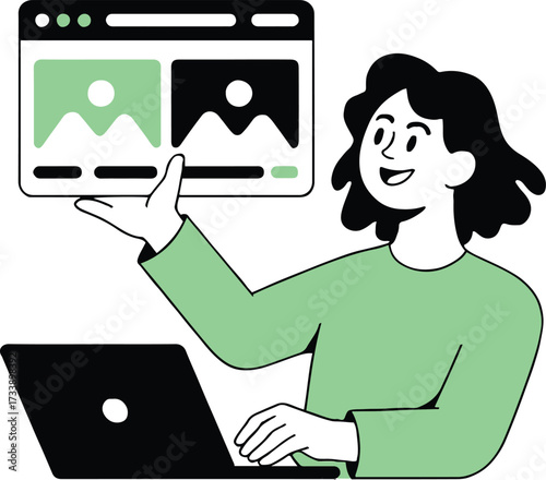 Vector art of smiling woman presenting website design on a screen working on laptop, showcasing online content and user interface layout