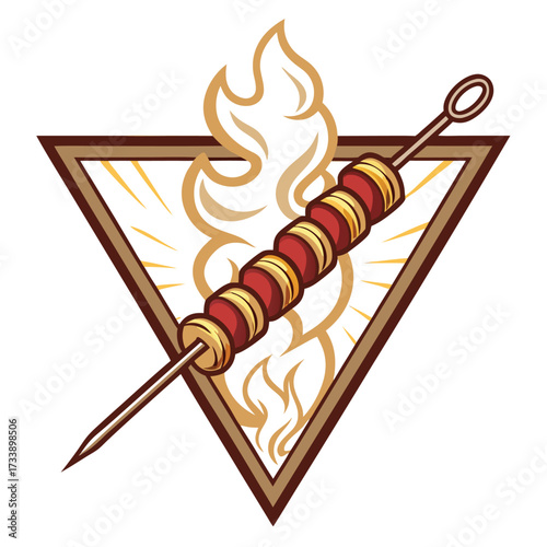 Guitar player in a triangular emblem with abstract background elements.