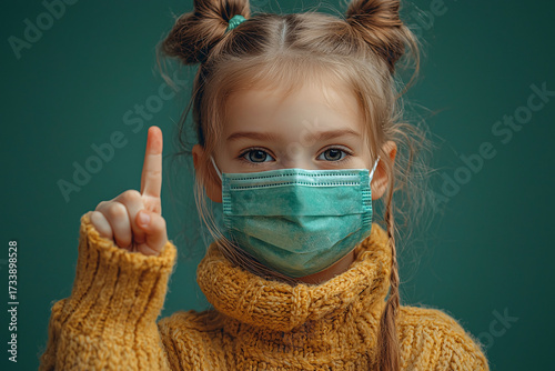 A young girl wearing a turquoise mask and a cozy yellow sweater holds up one finger, symbolizing importance or a message, against a solid green background.