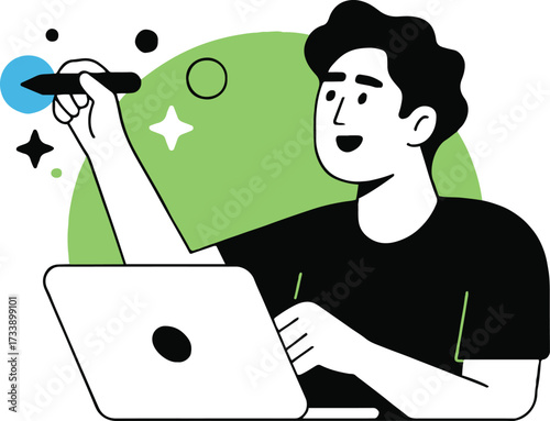 Vector art of a man is creating content for social media platforms, he is using a laptop and a graphic tablet to create digital art