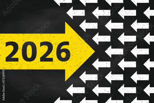 2026 New Year Think Differently Concept with Yellow Arrow on Chalkboard Background with Chalk Effect