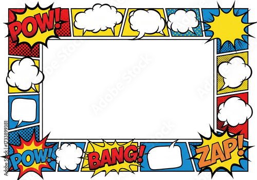 Vibrant Comic Book Pop Art Frame with Speech Bubbles and Dynamic Action Words