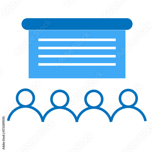 Simple illustration of a presentation with a screen and audience in attendance, showing a meeting.