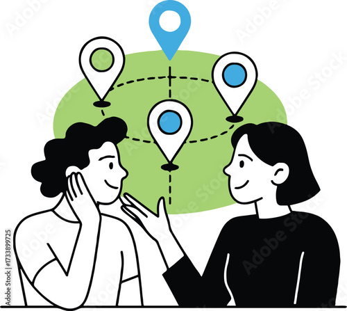 Vector art of two people are discussing a route with location pins, they are planning a trip or a delivery with multiple destinations