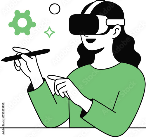 Vector art of a woman with virtual reality glasses is drawing a 3d model, she is using a stylus to create a new design in the metaverse world