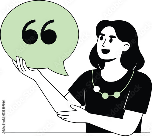 Vector art of a cheerful woman is presenting a speech bubble with quotation marks, this illustration conveys communication and expression