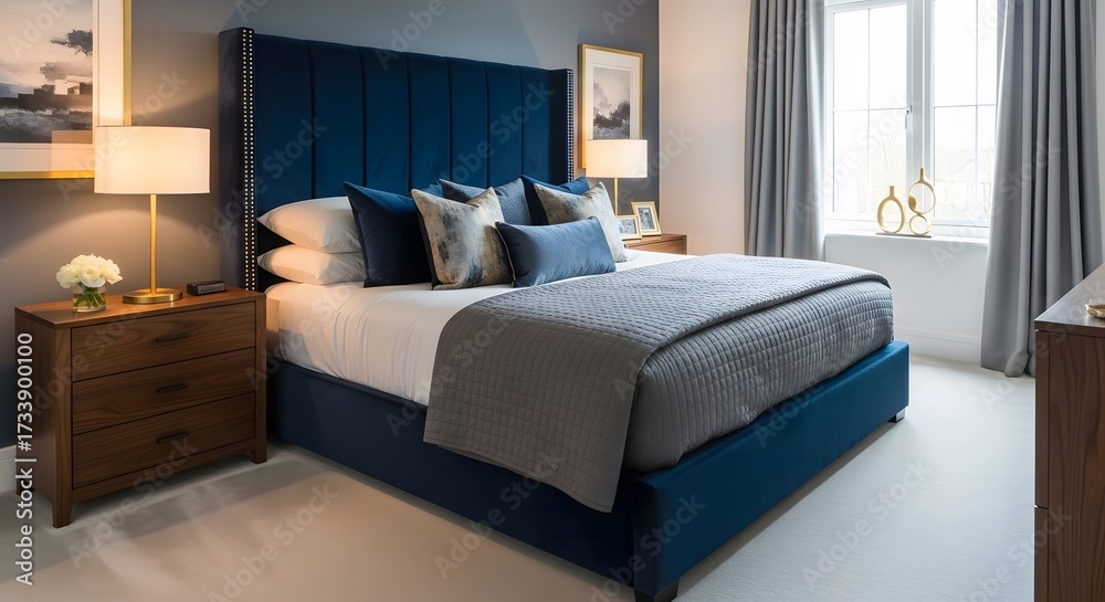 Fototapeta premium Elegantly designed bedroom featuring a large blue upholstered headboard, crisp white linens, and a gray throw blanket, complemented by wooden nightstands and soft lighting.