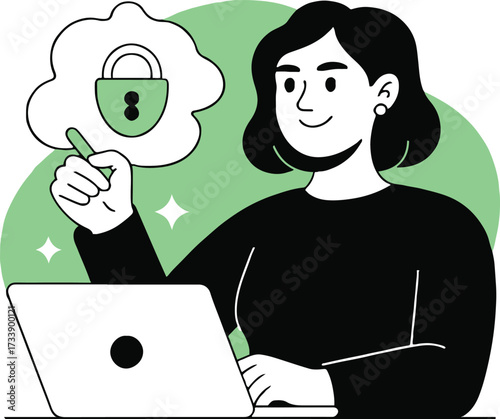 Vector art of a woman working on a laptop with a cloud and padlock above, this illustration represents data security and privacy online
