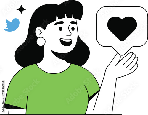 Vector art of a happy woman holding a like speech bubble, she is wearing a green shirt and earrings social media and communication