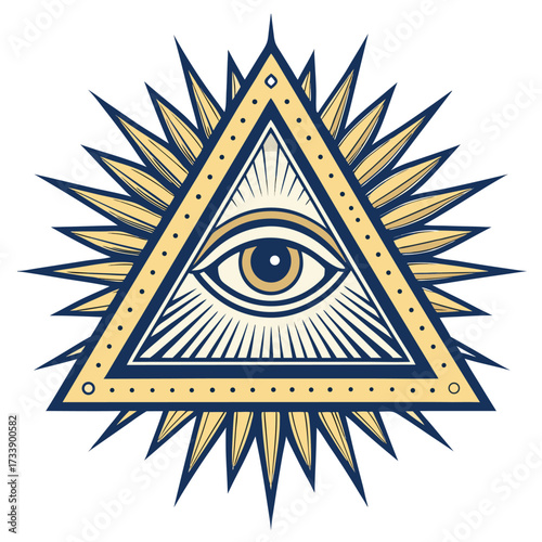The all-seeing eye symbol within a triangle with sunburst.
