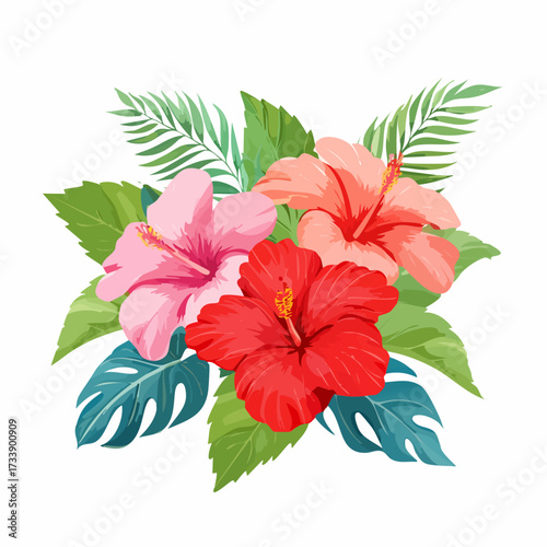 A watercolor artwork of tropical hibiscus flowers with vibrant red and pink petals isolated on a clean white background.
