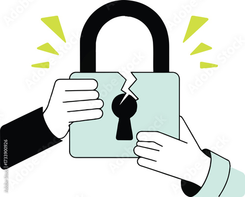 Vector art of two hands are holding a broken padlock, the padlock is cracked and damaged, representing a security breach or vulnerability