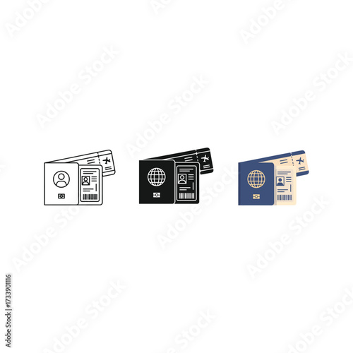 Set of three travel document icons including a passport and boarding pass in outline silhouette and color styles