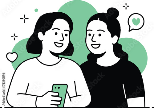 Vector art of two cheerful women are looking at a smartphone, they are smiling and enjoying each others company while using social media