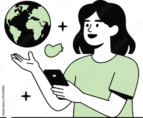 Vector art of a woman is holding a smartphone and looking at a globe, she is smiling and seems to be connected to the world through technology