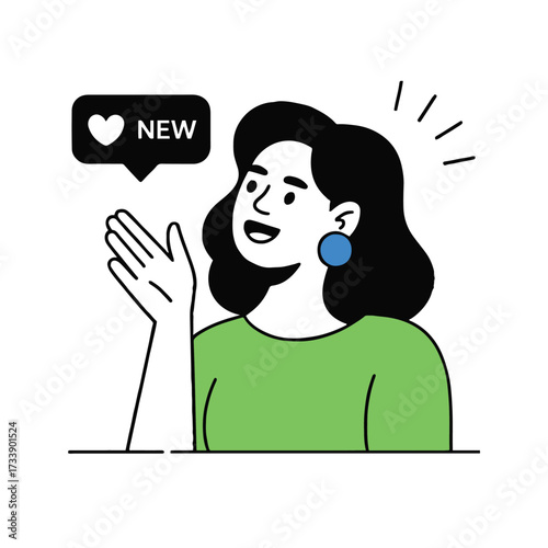 Vector art of a cheerful woman is excited about a new product or service, indicated by a heart icon and the word new in a speech bubble