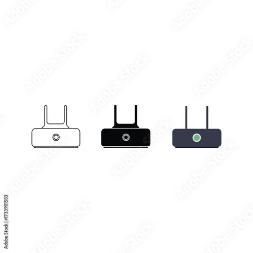 Three distinct icons representing a modern wireless router in outline solid black and colored styles