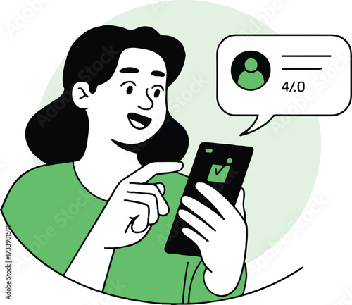 Vector art of a woman is holding a smartphone with a checkmark on the screen, she is smiling and seems to have received a positive feedback