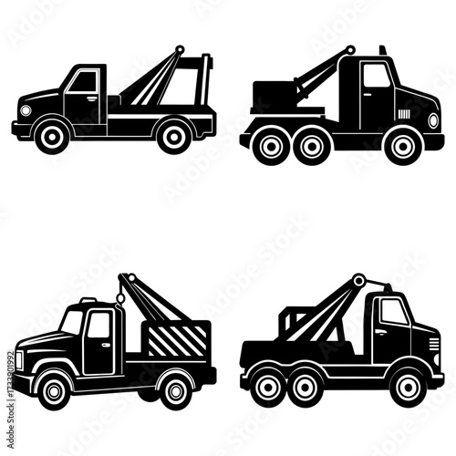 Four black and white tow trucks are displayed in a square format with different designs and wheel numbers