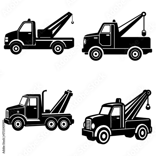 Illustration of four black and white tow trucks with different designs and styles on a white background