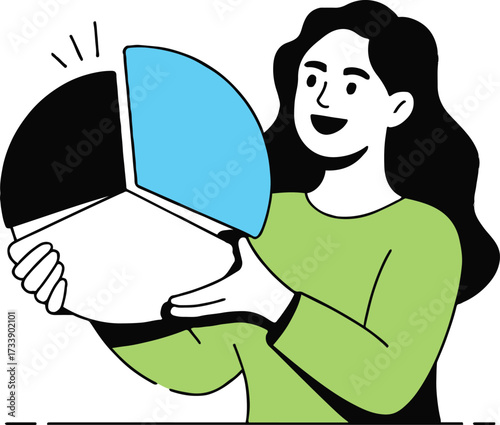 Vector art of a cheerful woman is holding a pie chart, showcasing data analysis, business intelligence, and statistical insights