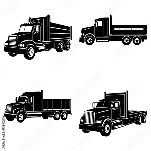 Illustration of four black and white trucks with different body styles in a simple graphic design