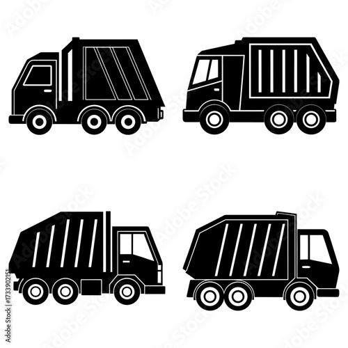 Illustration showing four black and white garbage trucks in different designs and orientations on white backdrop