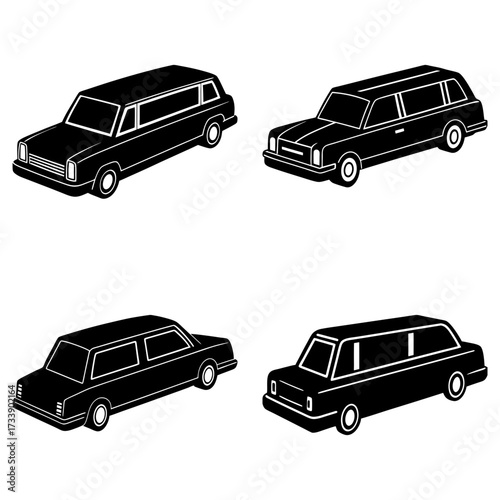 Four black limousine car illustrations in isometric view on a white background display luxury vehicles