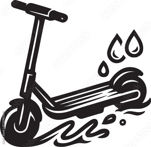 Stylized black and white illustration of an electric scooter riding through puddles and rain droplets symbolizing wet weather conditions
