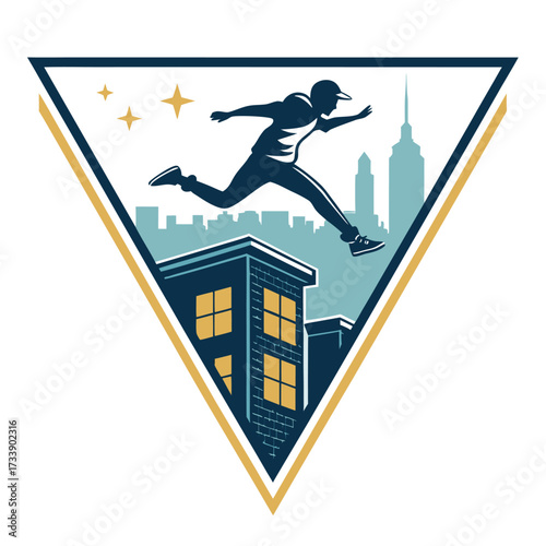 A graphic illustration of a person parkouring over city buildings at night.